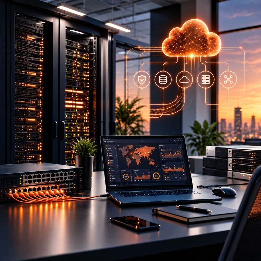 Baies serveurs, switch réseau et poste de supervision dans un environnement informatique professionnel