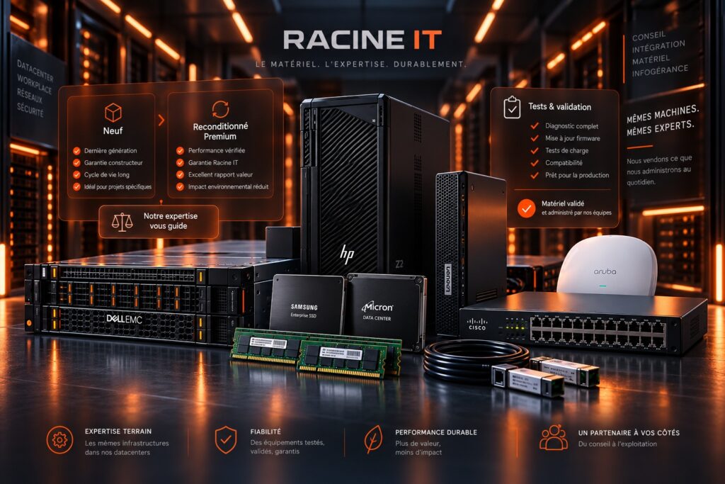 Matériel professionnel neuf et reconditionné — serveur rack, station de travail, SSD, mémoire et équipements réseau